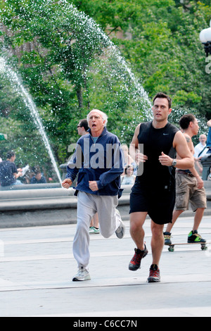 Larry David and Cheyenne Jackson filming a scene for HBO's 'Curb Your Enthusiasm' on location in Manhattan New York City, USA - Stock Photo