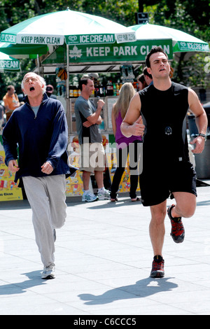 Larry David and Cheyenne Jackson filming a scene for HBO's 'Curb Your Enthusiasm' on location in Manhattan New York City, USA - Stock Photo