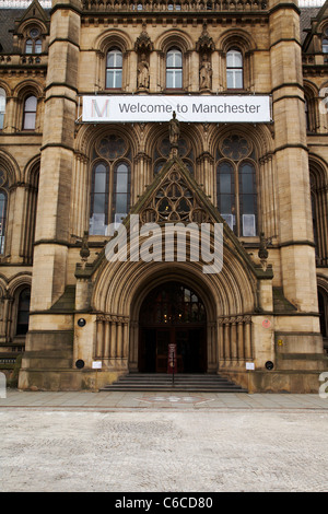 Welcome to Manchester banner on Town hall in Manchester UK Stock Photo