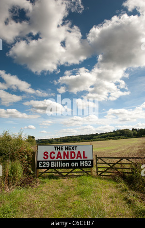 High Speed Rail 2 Scandal sign (HS2) in a field in Buckinghamshire
