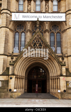 Welcome to Manchester banner on Town hall in Manchester UK Stock Photo