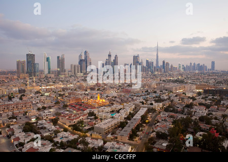 Elevated view of the new Dubai skyline including the Burj Khalifa on Sheikh Zayed Road Stock Photo