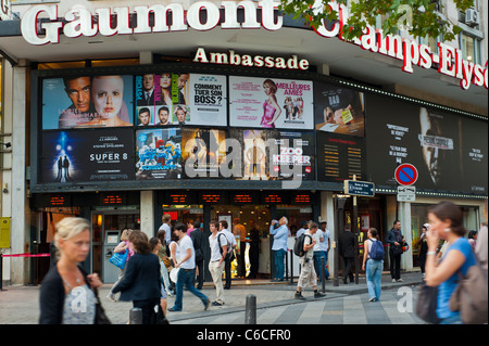 Paris, France, Front French Cinema Theatre, cinema posters, Large Crowd people walking on the champs elysees, billboards, sign, Standing Outside movie posters Stock Photo