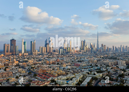 Elevated view of the new Dubai skyline including the Burj Khalifa on Sheikh Zayed Road Stock Photo