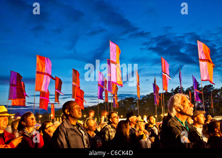 Festival goers at dusk at WOMAD 2011, Charlton Park, Malmesbury, Wiltshire, England, UK with iconic flags in background Stock Photo