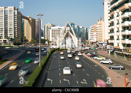 Dubai, UAE, Traffic at the Clock Tower roundabout on Al-Maktoum Road Stock Photo