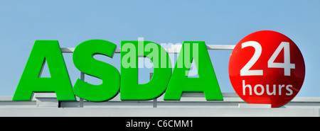 Asda supermarket business 24 hour opening sign for lifestyle convenience store shopping all day long London England UK Stock Photo