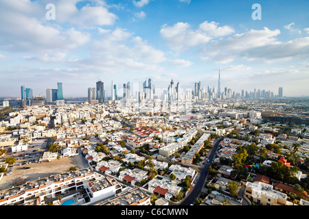 Elevated view of the new Dubai skyline including the Burj Khalifa on Sheikh Zayed Road Stock Photo