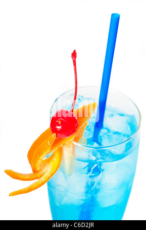 blue long drink cocktail with orange and cherry garnish and blue straw ,isolated on white background Stock Photo