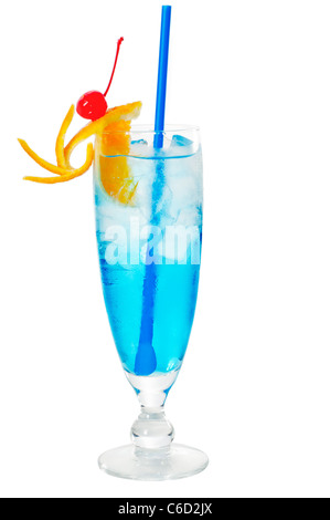 blue long drink cocktail with orange and cherry garnish and blue straw ,isolated on white background Stock Photo