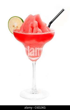 frozen strawberry margarita daiquiri with lime and black straw isolated on white background Stock Photo