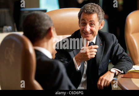 U.S. President Barack Obama and President Nicolas Sarkozy of France. attend a working session at the G-8 Summit at the Stock Photo