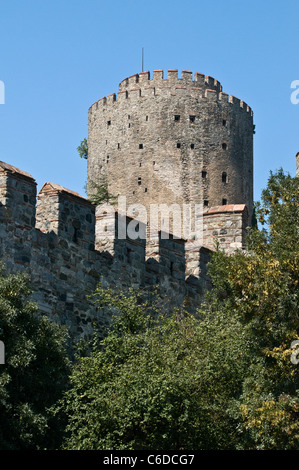 Rumeli Castle on the banks of the Bosphorus strait at it narrowest point in Instanbul. Rumeli Castle was built by the Ottomans Stock Photo