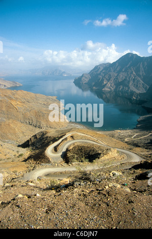 View from Hajar mountains to the fjord, exclave, Khasab, Musandam, Oman Stock Photo