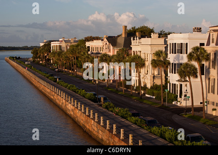 Overall view of the Battery in Charleston, South Carolina with historic homes on the harbor waterfront. Stock Photo