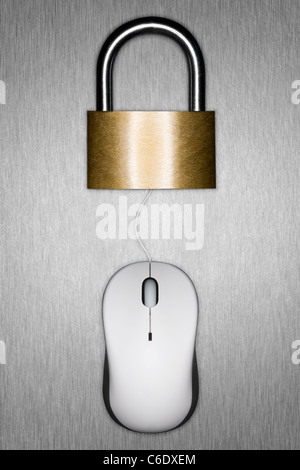 Internet Security concept. Locked Padlock and Computer Mouse concept, signifying Internet / Computer Security Issues, on a metallic surface Stock Photo