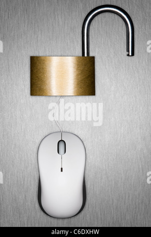 Internet Security concept. Open Padlock and Computer Mouse concept, signifying Internet / Computer Security Issues, on a metallic surface Stock Photo