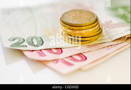 Turkish lira coins and banknotes Stock Photo