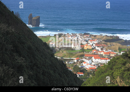 The parish of Mosteiros as seen from the hills and the islets. Sao Miguel island, Azores, Portugal Stock Photo