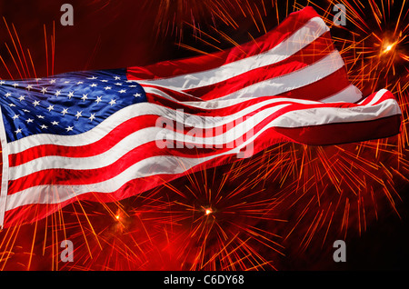 USA, New York, New York City, Fourth of july fireworks with American flag Stock Photo