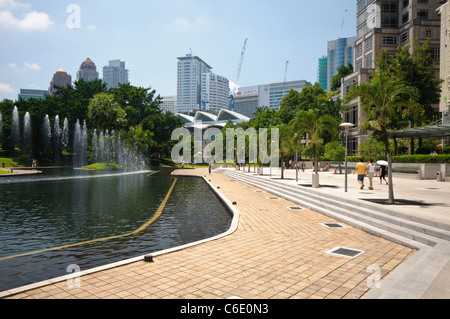 KLCC Park at the Petronas Twin Towers in front of the skyline with office buildings and hotels, Kuala Lumpur, Malaysia, Asia Stock Photo