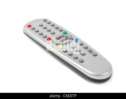 plastic remote control with colored buttons. The control is used for a television. Stock Photo