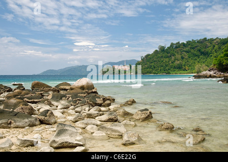 Rocks on the beach of Paya, Berjaya Tioman Island Resort in the back, Pulau Tioman Island, Malaysia, Southeast Asia, Asia Stock Photo