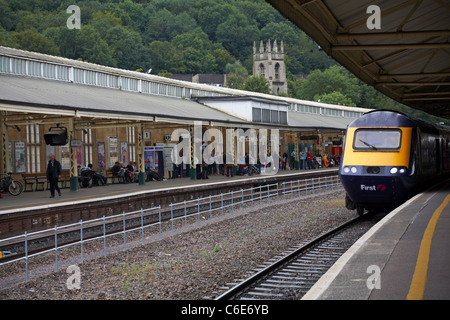 First Great Western train arriving at Bath Spa station, Somerset UK in August Stock Photo