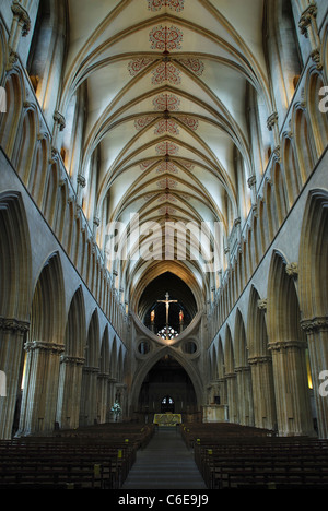 A view of the roof and scissor arches in Wells Cathedral UK Stock Photo
