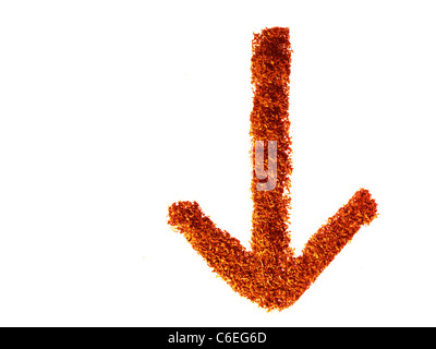 Studio shot of Red Chili Powder making arrow sign on white background Stock Photo