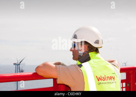 A health and safety executive at the Walney offshore wind farm taken from the top of one of the turbines Stock Photo