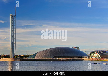 The Glagow Tower, Glasgow Science Centre and IMAX Theatre beside the River Clyde in Glasgow in the evening light. Stock Photo