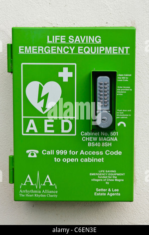 Automated External Defibrillator in a locked cabinet in a public area Stock Photo