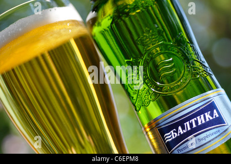 Glass and Bottle of Russian Beer / Lager, Baltika Stock Photo