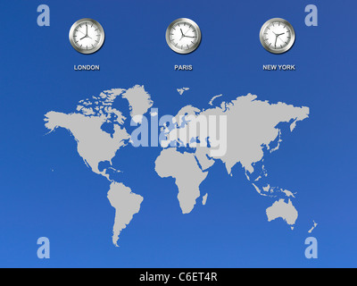 An illustration of a world map with clocks Stock Photo - Alamy