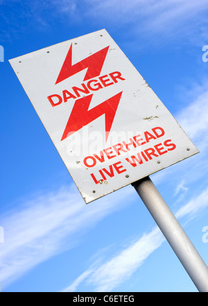 Sign warning of the danger posed by overhead electric cables Stock Photo