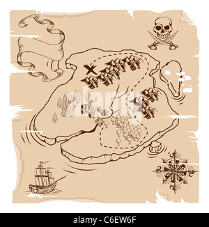 Old torn treasure map with compass and spyglass. Adventure and travel ...