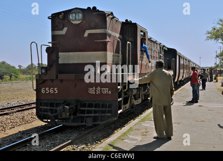 Diesel train arriving Khamber Ghat station Rajasthan India Stock Photo