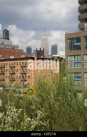Looking northeast from the High Line in NYC one can see the Empire State Building looming up in the background. Stock Photo