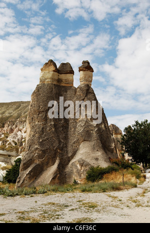 three fairy chimneys group in the wilderness of Cappadocia, Turkey surrounded by minerals and wild bushes Stock Photo