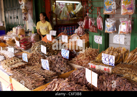Dried fish and squid on a stall at a market in the Rattanakosin (Old City) in Bangkok Stock Photo