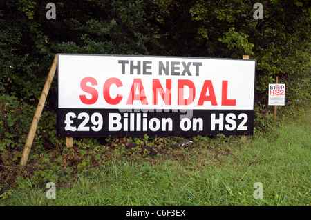 Say No to HS2 protest campaign signs on the side of the road in the Chilterns Buckinghamshire UK Stock Photo