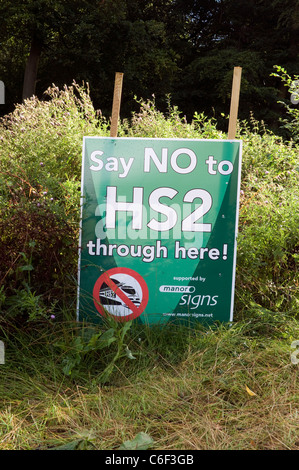 Say No to HS2 protest campaign sign on the side of the road in the Chilterns Buckinghamshire UK Stock Photo
