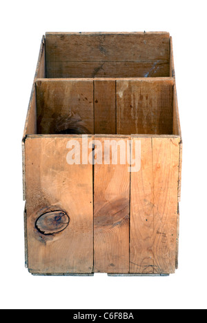Old empty wooden orchard crate isolated. It is sturdy, deep and divided into two sections. Stock Photo