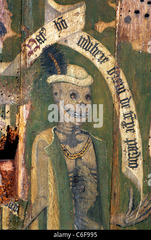 Sparham, Norfolk. Rood Screen, Dance of Death detail, male skeleton, text on scroll from Book of Job danse macabre medieval Stock Photo
