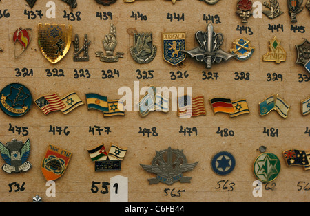 Collection of different Israeli badges and buttons displayed in a shop window in Jerusalem, Israel Stock Photo