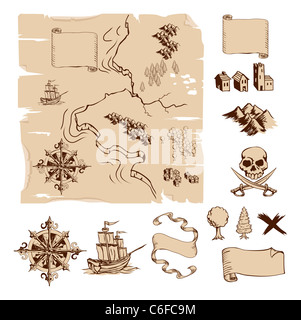 Old torn treasure map with compass and spyglass. Adventure and travel ...