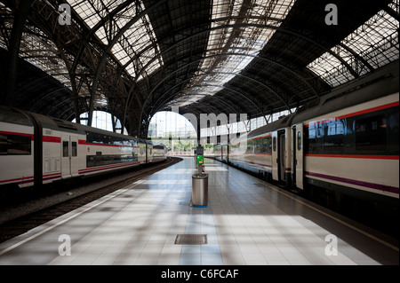 Platforms of Railway Station of France in Barcelona. Some trains are waiting for leaving the city. Stock Photo