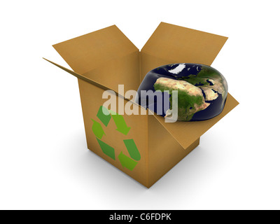Flat Earth spehre in recyling box Stock Photo