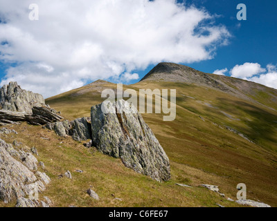 The mountain of Yr Elen, viewed from the rocky outcrop of Foel Ganol in the Carneddau mountains of Snowdonia, North Wales Stock Photo